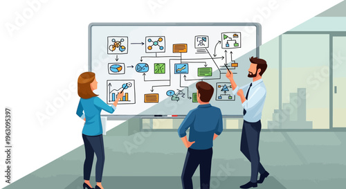 Business people discussing strategy board.