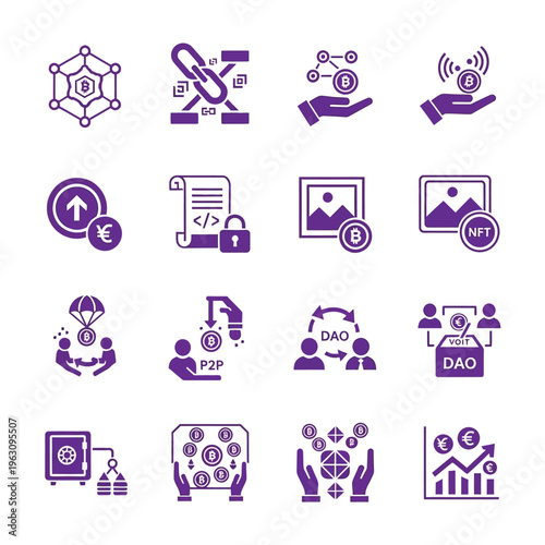 Set of purple blockchain and cryptocurrency finance icons