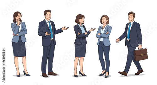 Business people in formal attire standing.