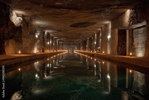 Subterranean Passage with Reflective Water, Warm Lights, and Ancient Walls