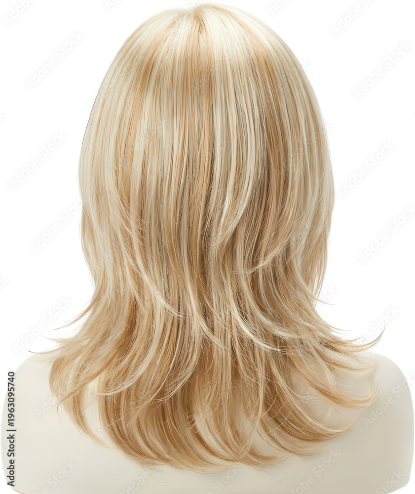 Naklejka premium A detailed view of the back of a layered blonde wig with streaks of lighter blonde highlighting the texture and style hair fashion beauty styling accessory salon hairstyle