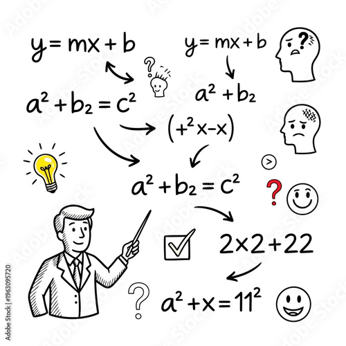 Teacher explaining complex mathematical formulas like y equals mx plus b and pythagorean theorem with thought processes and solutions.