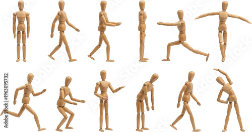 A collection of wooden artist mannequins positioned in various dynamic and static poses demonstrating movement and gestures for study wooden mannequin artist dummy figure