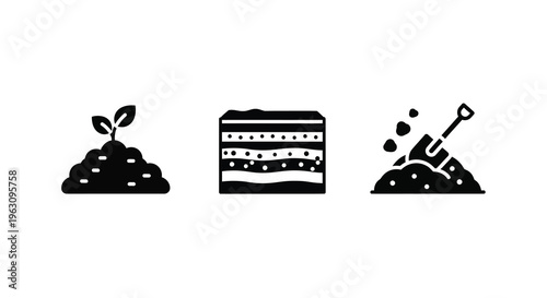 Gardening icons depicting soil layers a sprout and tools silhouette