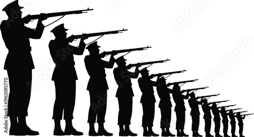 Military soldiers aiming rifles in formation silhouette isolated on white background army shooting drill discipline concept vector illustration design