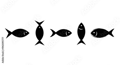 Five black fish silhouettes swimming in various directions.