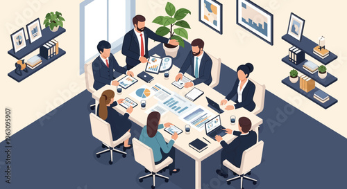 Business people sitting around meeting table.