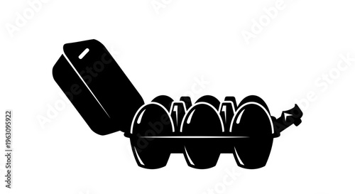Black and white silhouette of an open egg carton filled with eggs.