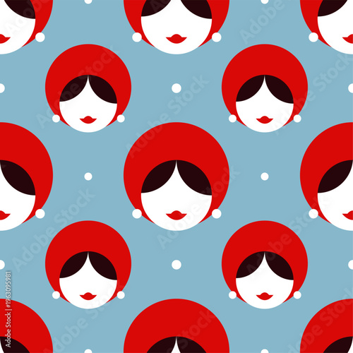 Seamless pattern with girls in a kokoshnik or a Russian crown. Geometric abstract vector