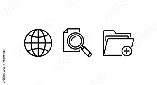 Global network search and file management icons in simple silhouette