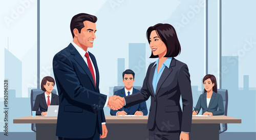 Businessman and businesswoman shaking hands.