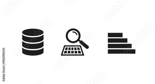 Data analysis icons depicting database search and growth silhouette