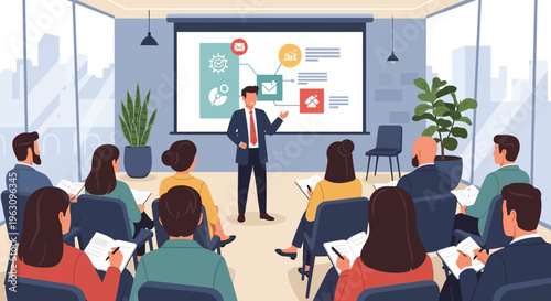 Businessman giving presentation to audience.