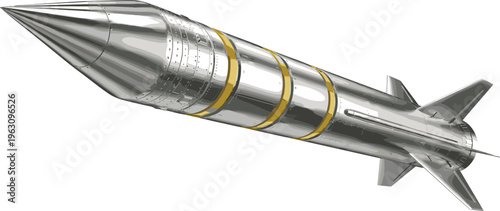Realistic metallic missile illustration, modern military rocket weapon design, high speed ballistic projectile isolated on white background vector concept