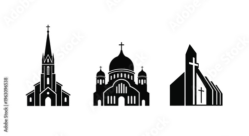 Three ornate church buildings are depicted in stark black silhouette
