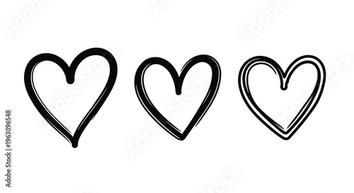 Three hand drawn heart shapes in a simple black outline silhouette