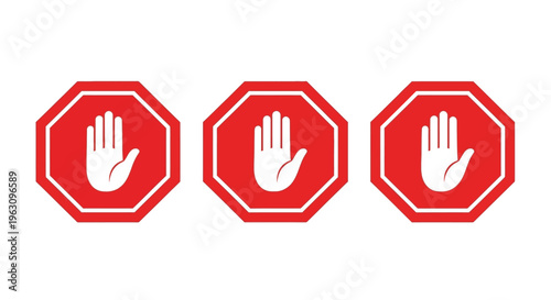 Three red octagonal signs displaying a stopping hand gesture silhouette