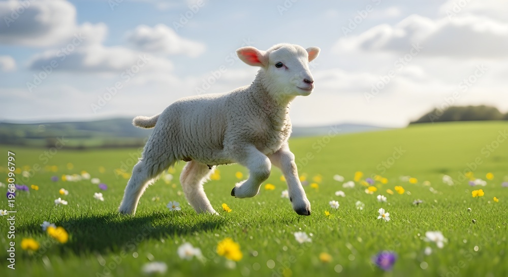 Fototapeta premium Cute White Lamb Running Through Green Spring Meadow with Wildflowers