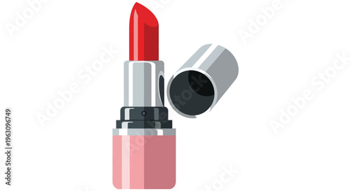 Open red lipstick in silver and pink tube on white background in flat illustration style with bright vibrant lighting for beauty branding