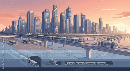 Cars on a city highway overpass.