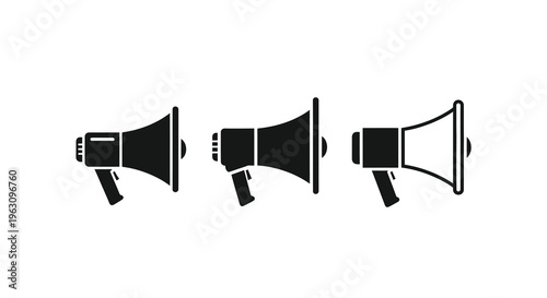 Three black megaphone icons displayed in varying perspectives silhouette