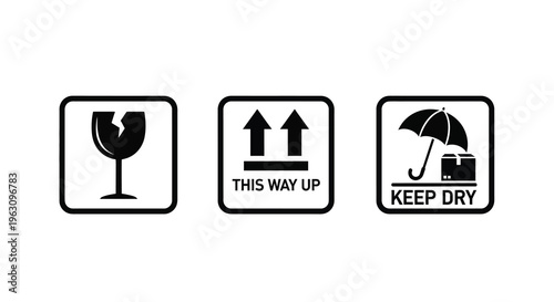 Shipping symbols depicting fragility orientation and weather protection silhouette