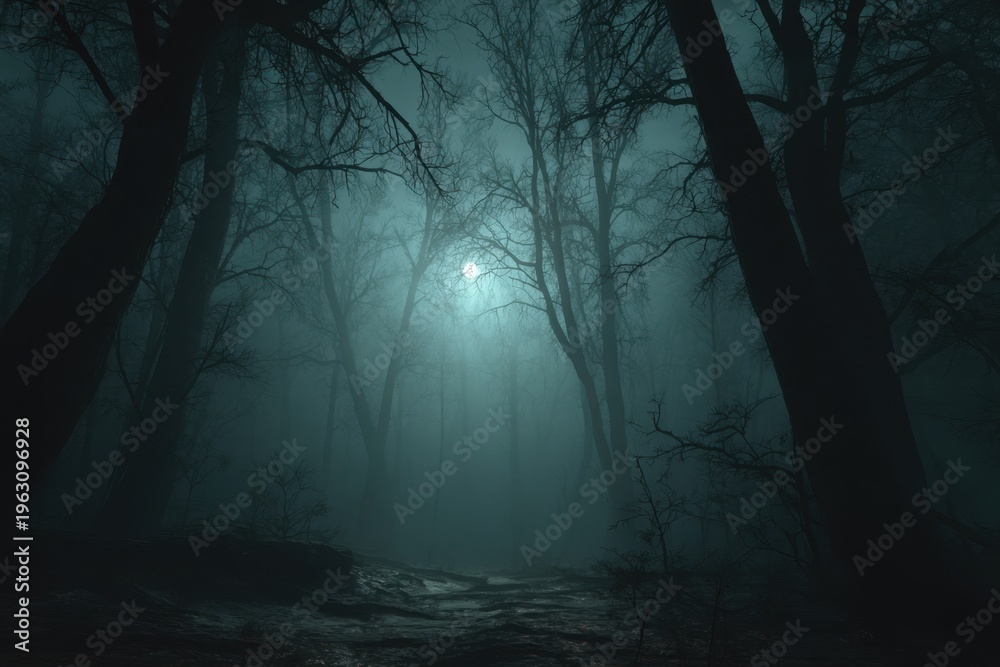 Naklejka premium Eerie Forest at Night with Misty Glow and Bare Trees