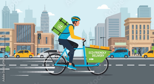 Delivery man riding bicycle city street.