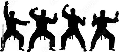 Martial arts silhouettes in action poses, karate taekwondo training, discipline strength, vector illustration, flat design, combat sports concept art