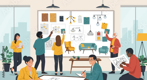 Diverse group of people brainstorming together.