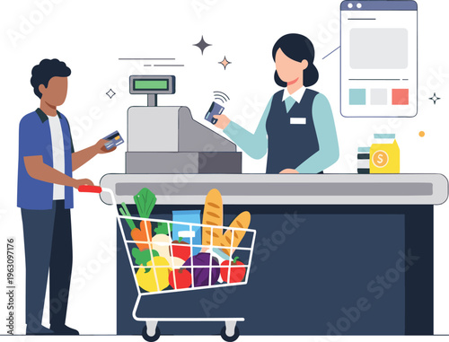 Customer paying for groceries at supermarket checkout with cashier using contactless credit card payment and shopping cart vector