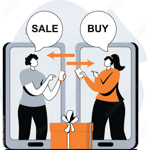 Two individuals engaging in an online transaction, one selling and the other buying through mobile devices, with a gift box in between