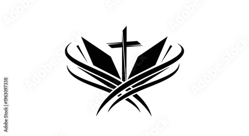 Stylized Christian Cross with Abstract Wings and Swirls.