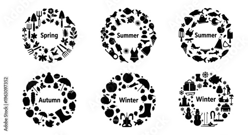 Seasonal Icons Collection - Spring, Summer, Autumn, and Winter Symbols in Circular Design.