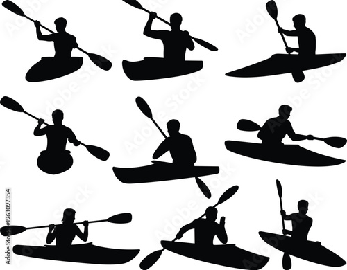 Kayaking silhouettes set with paddlers in different positions on kayak boats isolated on white background, water sport activity, outdoor adventure illustration concept collection