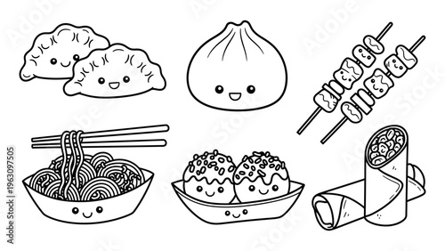 Kawaii Asian street food characters set for coloring book and menu design featuring dumplings ramen and baozi