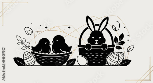 Easter Bunny and Chicks in Baskets with Eggs and Leaves Black and White Illustration.