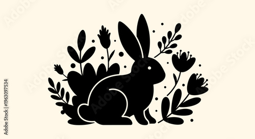 Black Rabbit Silhouette Amidst Lush Floral and Botanical Elements.