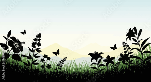 Silhouettes of various flowers and butterflies in a vibrant meadow.