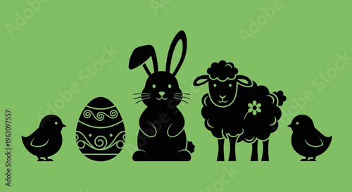 Easter holiday celebration with bunny, lamb, chicks, and decorated egg.