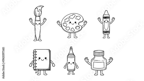 Cute cartoon art supplies characters set for kids coloring book page and school education