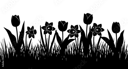 Silhouette of Spring Flowers and Grass Border.