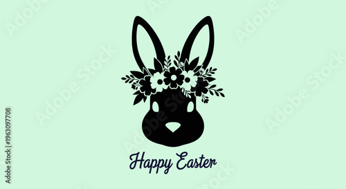Black Easter bunny head with floral wreath and Happy Easter text.