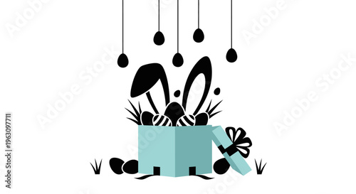 Cute black and white bunny peeking from a blue gift box with hanging Easter eggs.