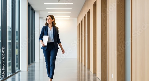 A confident businesswoman walking down a modern office hallway with a folder in hand