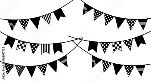 Black and white patterned bunting flags for festive decorations.