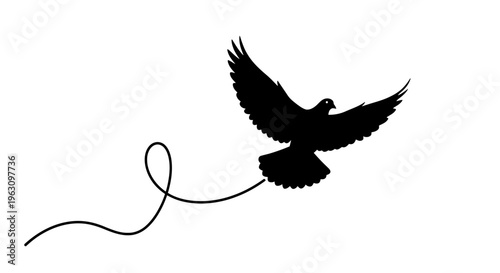 Black silhouette of a dove in flight with a trailing line.