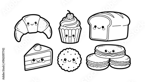 Kawaii bakery food characters set with cute faces for coloring book and sticker design