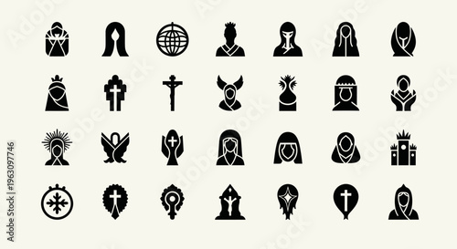 Collection of various religious and spiritual symbols in black silhouette.