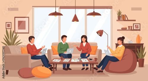 Family sitting in living room together.